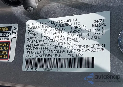 2021 Honda Cr-V Awd Ex-L z USA, uszkodzony, nr VIN 5J6RW2H85ML019055